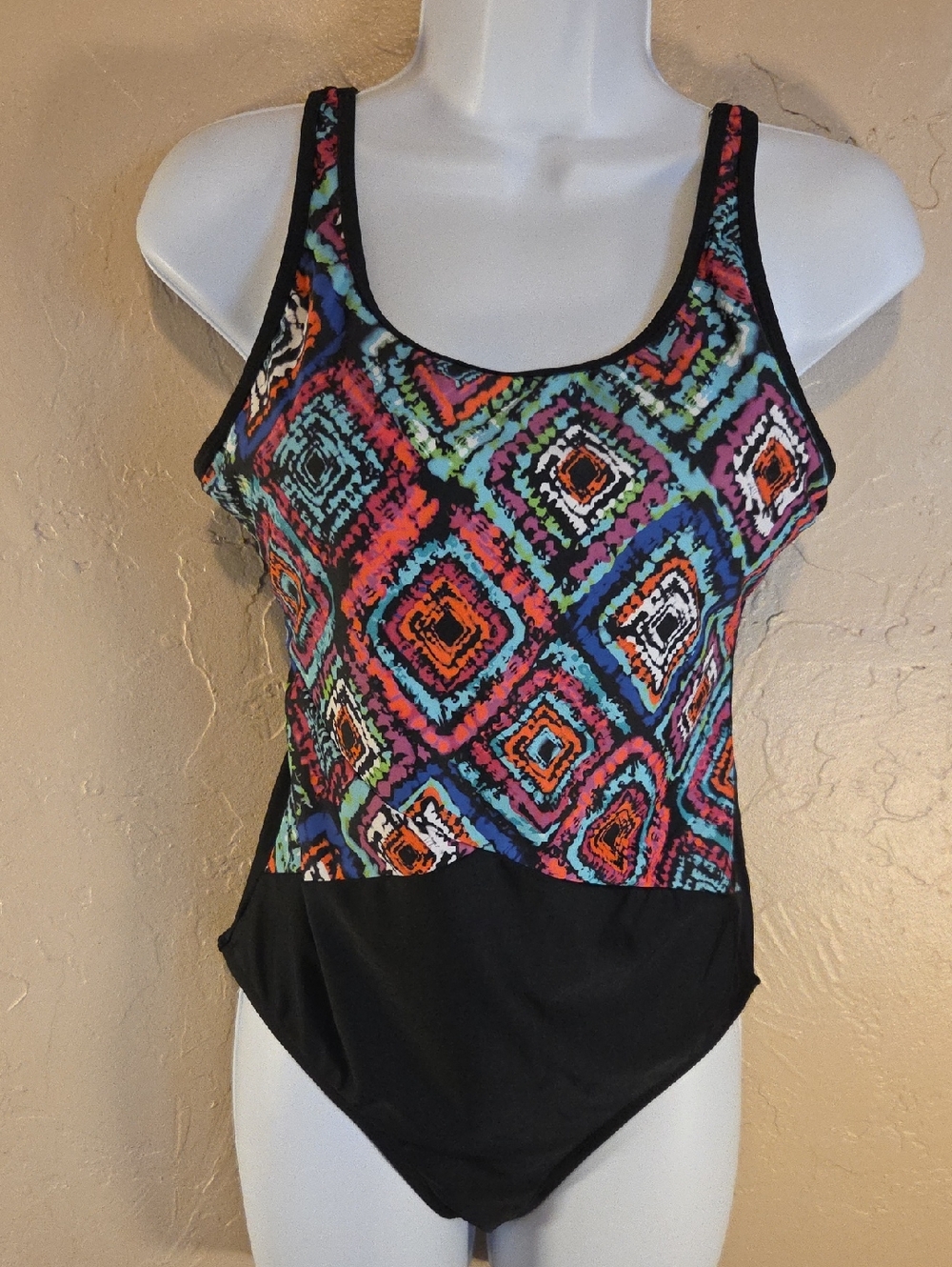 Women's Black One-Piece Swimsuit with Multicolor Geometric Print Sz 12